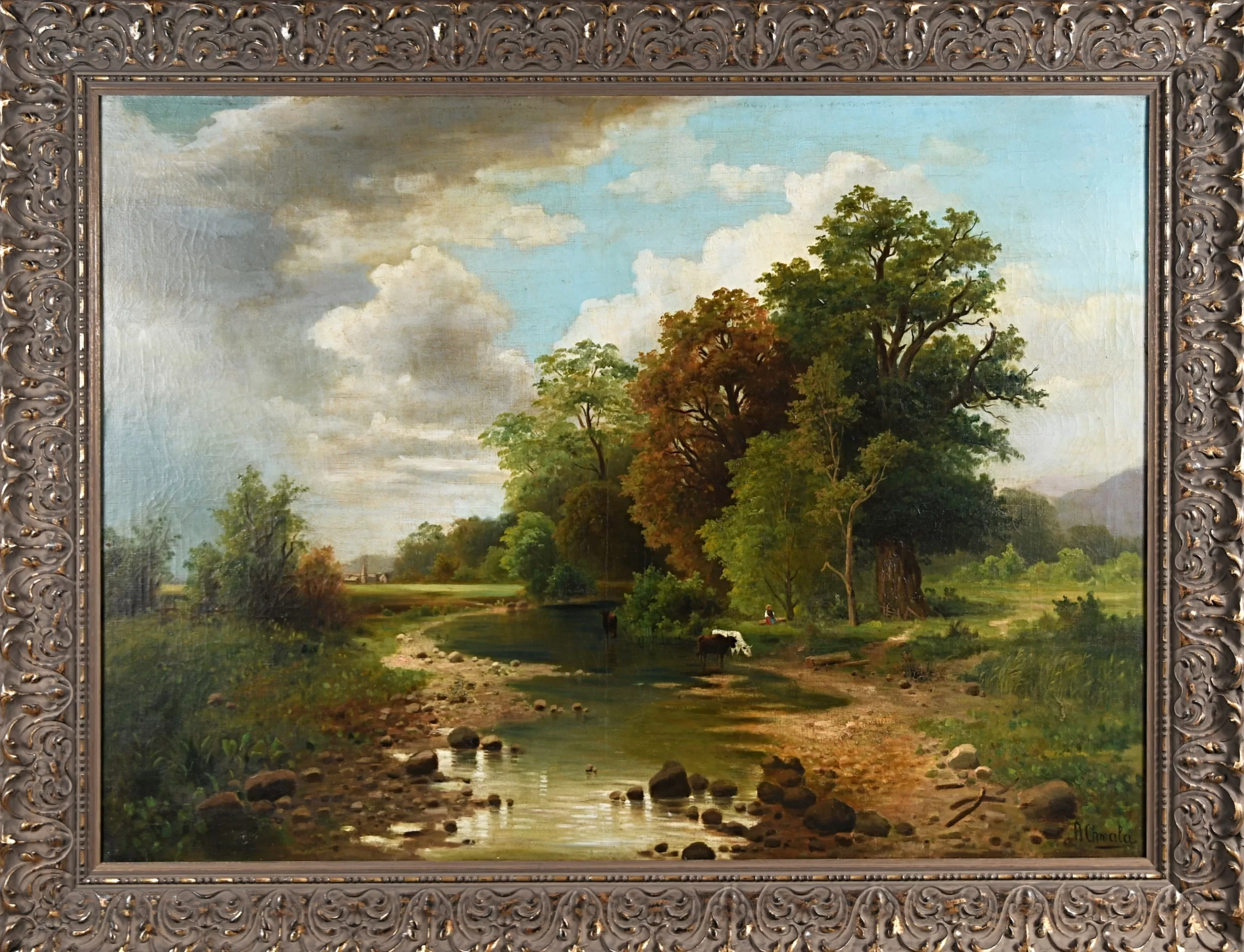 Přední strana obrazu, Chwala Adolf (1836-1900), Krajina s napajedlem