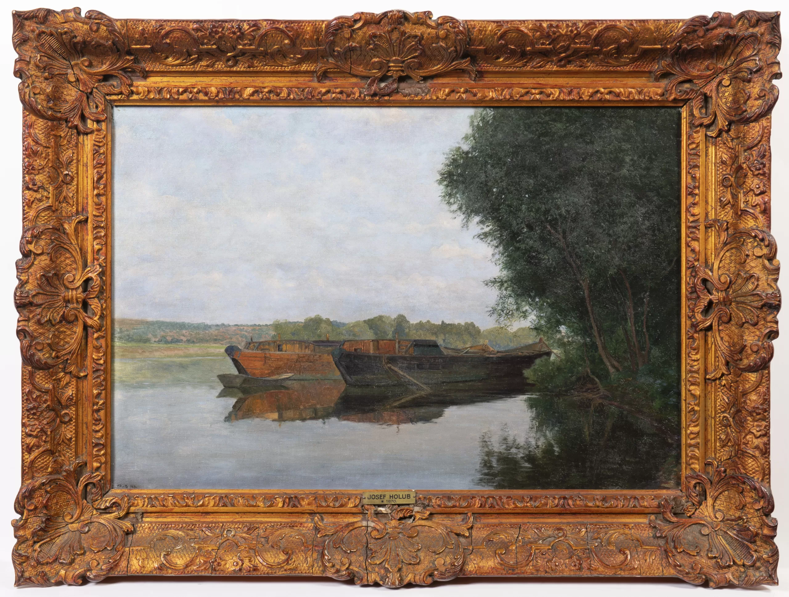 Přední strana obrazu, Holub Josef (1870-1957), Lodě na Vltavě (pískové lodě od Železničního mostu)