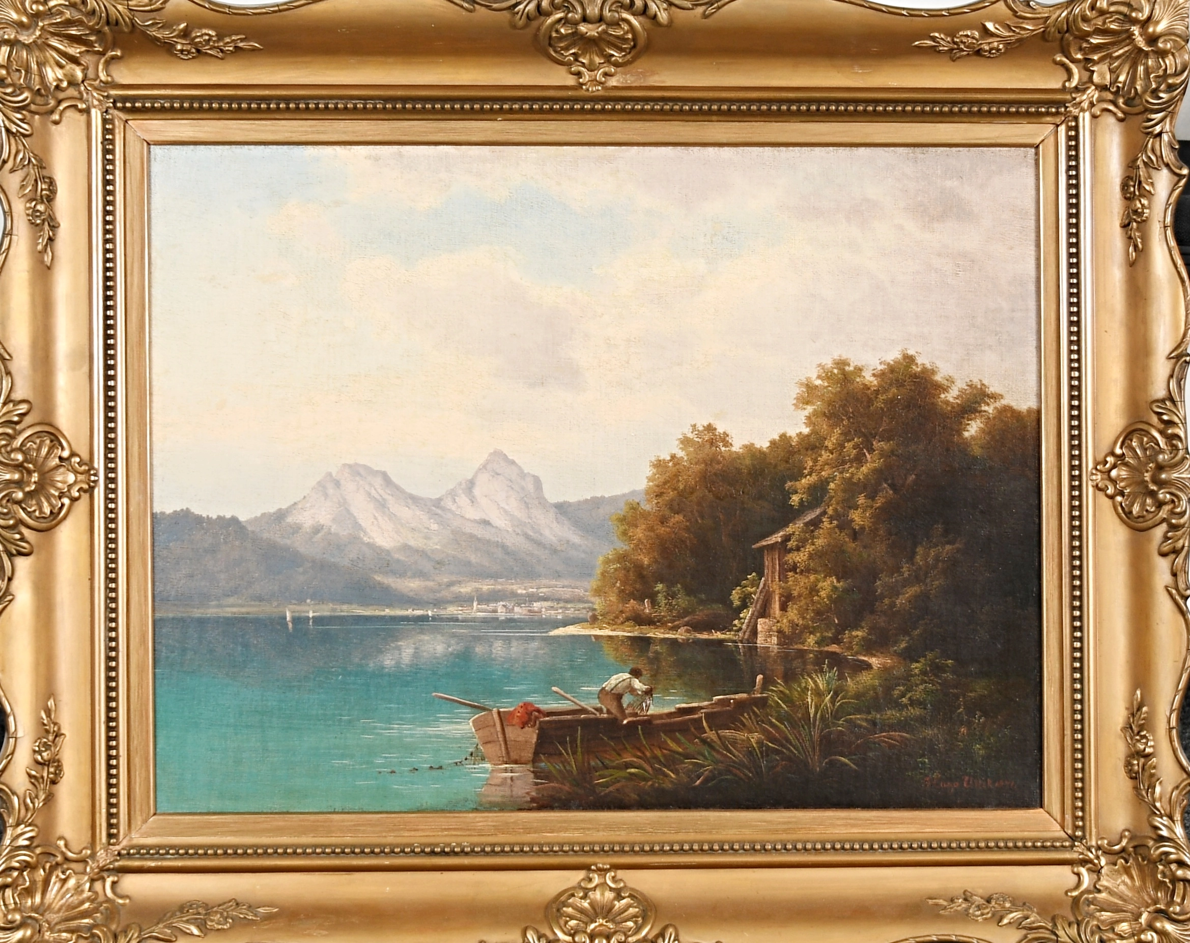 Přední strana obrazu, Ullik Hugo (1838-1881), Alpské jezero